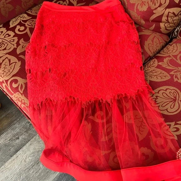 Fashion Nova Red Lace Midi Skirt with Tulle Hem - Picture 4 of 4